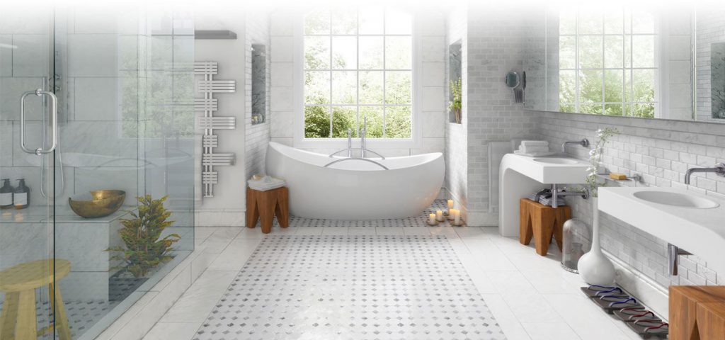 Modernes Badezimmer mit freistehender Badewanne an großen Fenstern, Glasdusche auf der linken Seite, Doppelwaschbecken mit Spiegeln auf der rechten Seite. Holzhocker, Kerzen und Topfpflanzen sorgen für einen natürlichen Touch - die perfekte Inspiration für fliesenleger oder estriche Projekte.