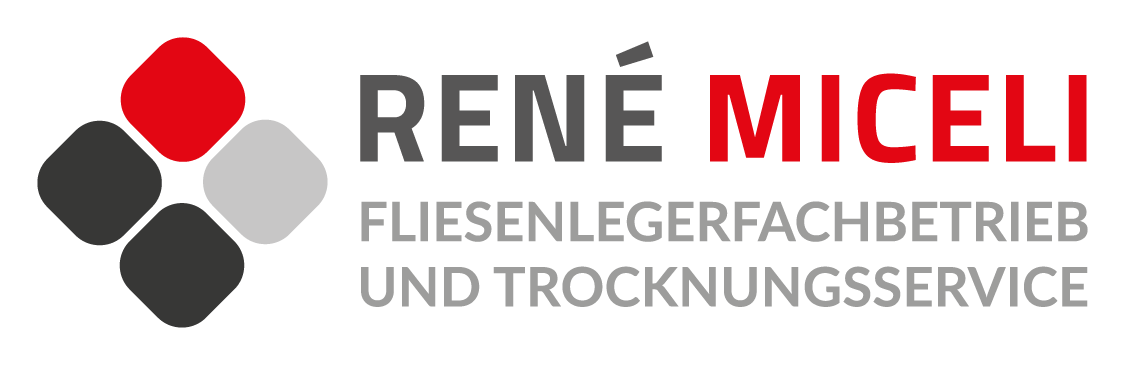 Logo mit vier runden Rauten in Schwarz, Dunkelgrau, Hellgrau und Rot neben dem Text "RENÉ MICELI FLIESENLEGERFACHBETRIEB UND TROCKNUNGSSERVICE" in fetten grauen und roten Großbuchstaben.