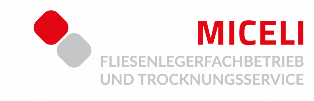 Logo mit vier runden Quadraten in Rot, Weiß und Grau auf der linken Seite. Rechts steht der Text RENÉ MICELI mit MICELI in fetter roter Schrift und darunter FLIESENLEGERFACHBETRIEB UND TROCKNUNGSSERVICE in grauer Schrift.